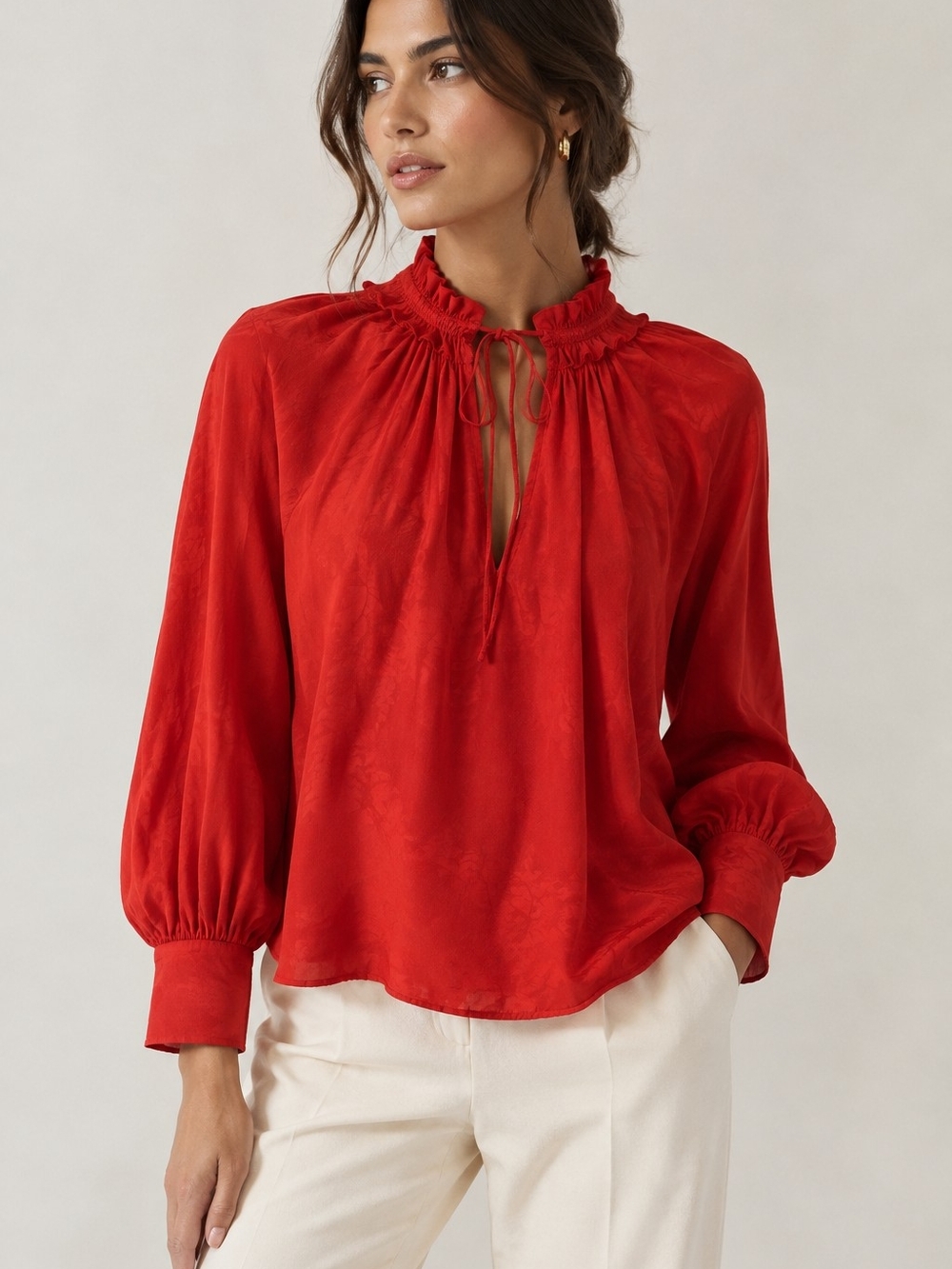 Anthropologie Orange Satin Blouse balloon Long-sleeve Ruffled neckline Elegant